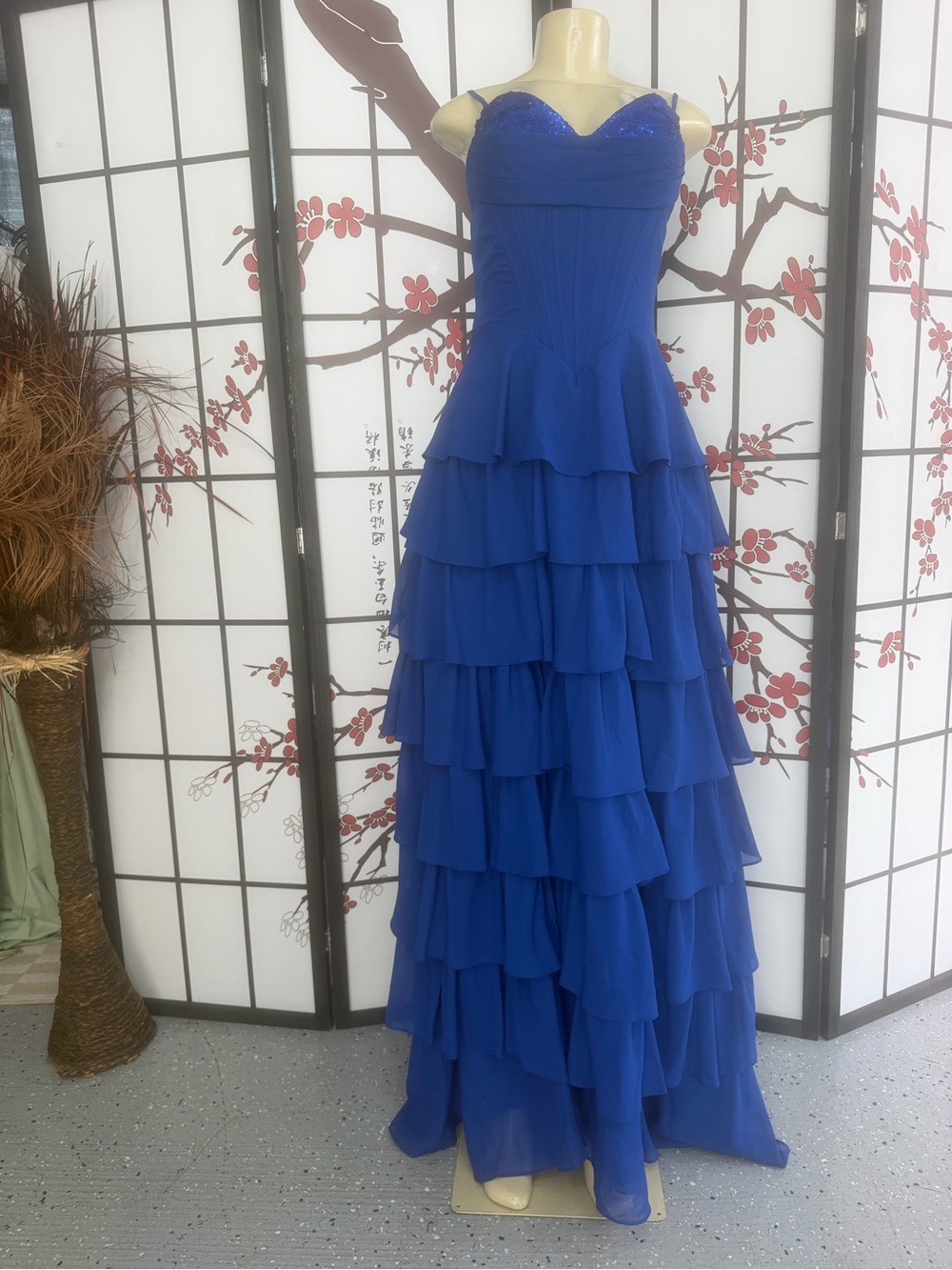 Strapless Royal Blue Tiered Ruffle Gown